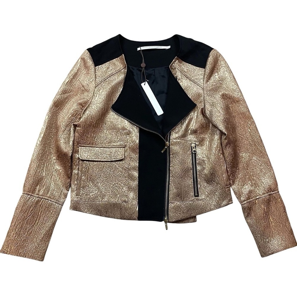 Twelfth Street Cynthia Vincent Metallic Zip Moto Jacket Gold Black Size 4